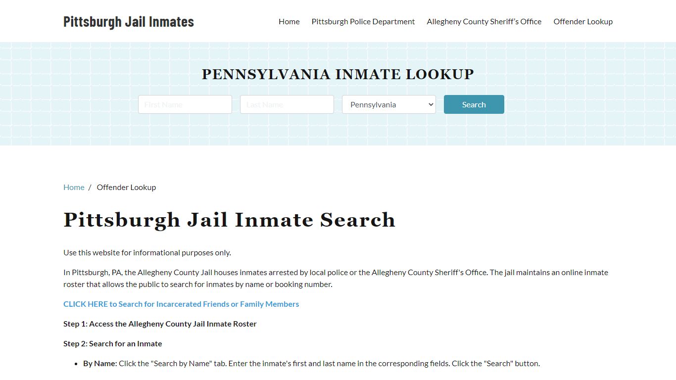 Pittsburgh, PA Detainee Lookup